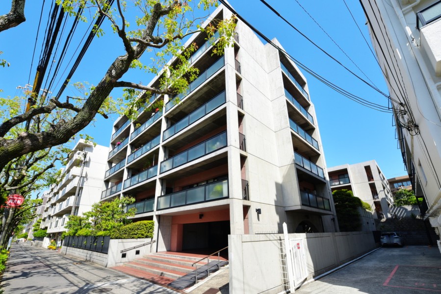 コンクリート打ち放しにオレンジ色の壁が差し色のスタイリッシュな外観です。建具や金属部分はブラックを採用し、ヴィンテージな雰囲気が住吉の街に溶け込みつつ、目を引きます。前面道路、歩道も広く開放感があります。
