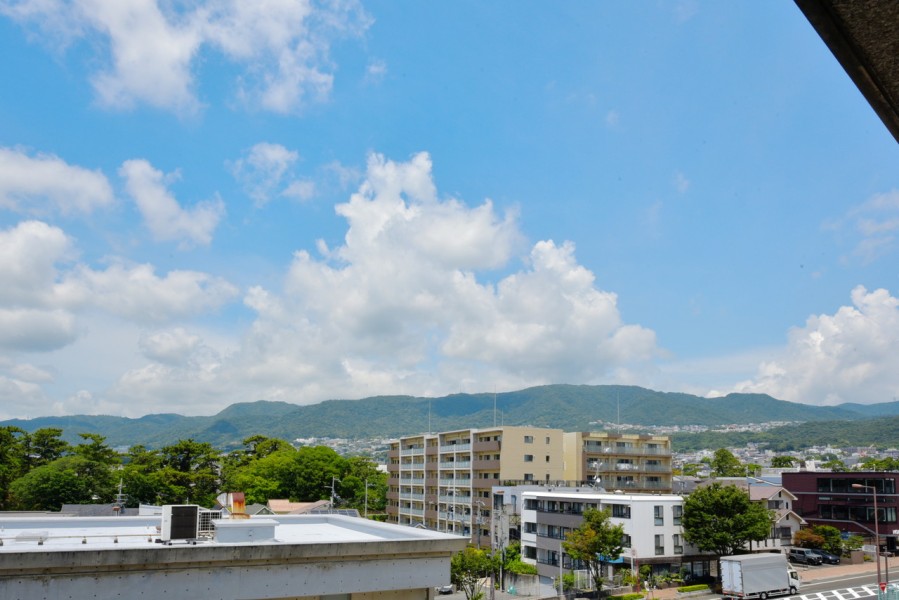 リビングからは六甲山系の緑を望む眺望があります。大きな空と緑のコントラストが美しく、リビングから遠くの景色を眺めながらホッと一息つきたくなるような眺めです。