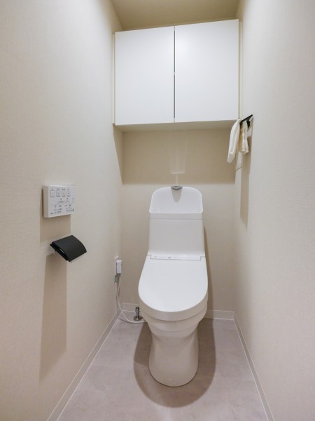 優れた節水効果や汚れが付きにくい便座など、ほしかった機能が揃った洗浄便座一体型トイレです。トイレットペーパーや掃除用品などの収納に便利な吊戸棚を備え付けました。
