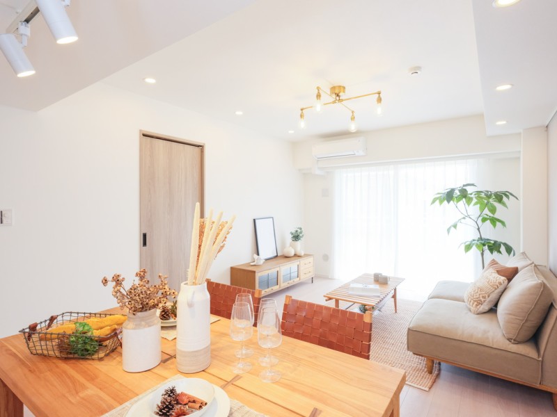 大きな窓からたっぷりの光が差し込み、開放的なリビングダイニングです。住まう方の趣味や感性で飾っていただけるように、シンプルな内装で仕上げました。