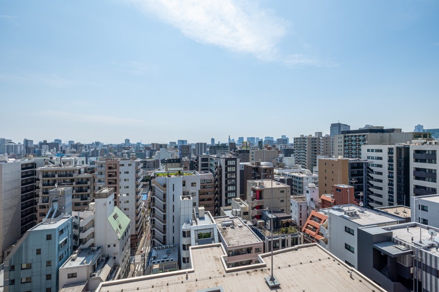 都心の利便と下町情緒が調和するをバルコニーより眺めることができます。南向きで日当たりと眺望が良好です。