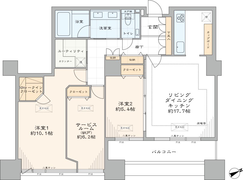 93.04m²の広さがあり、2SLDK＋WIC・ULの間取りのこのお部屋は比較的希少な東向きとなっております。午前中にたっぷりの日差しが差し込むため明るい空間となります。各居室にクローゼットが設置してあり、収納に困らないようになっております