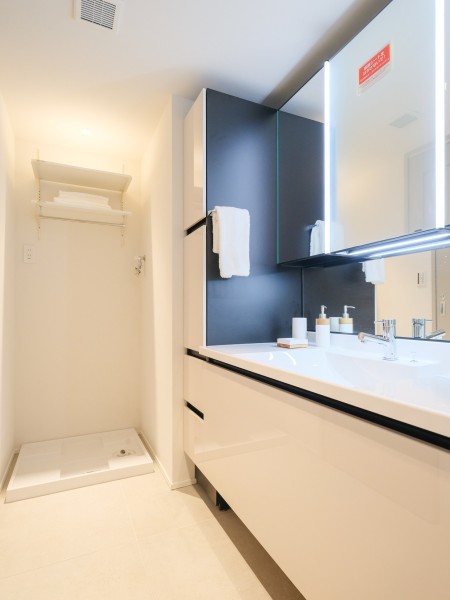 洗面化粧台と同一カラーで統一されたリネン庫を設置いたしました。バスタオルやフェイスタオルなど収納することができます。空いたスペースには日用品を収納することも可能です。