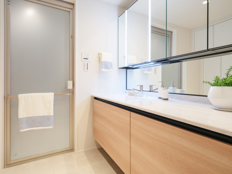 身支度の時間をも快適に彩る洗面化粧台です。入浴後も豊かな時間を演出し、心からくつろげるプライベートスペース。洗面台の背面にはリネン庫があるので、着替えやタオル等などのアイテム収納に便利です。