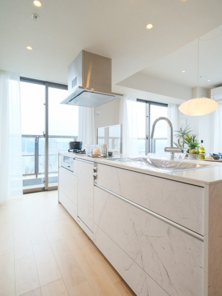 キッチンはEIDAI製のアイランドキッチンを採用しました。存在感を放ち、お部屋に洗練された雰囲気を醸し出します。モダンで目を引くデザインはもちろん、汚れがつきにくく衛生的で耐久性が高い面も魅力です。