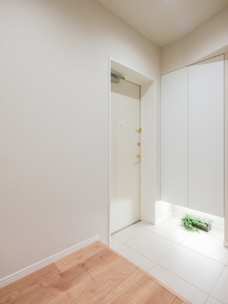 玄関はフットライトからのびる光が足元を優しく包み込む気品溢れる空間です。大きな荷物やベビーカーを持ち込んでも余裕がありそうです。