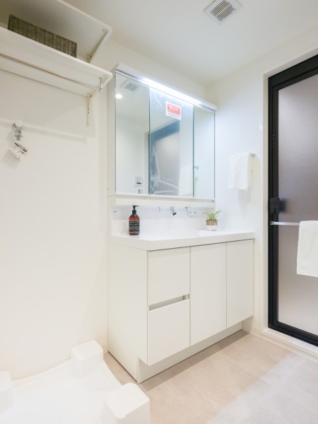 三面鏡裏や足元収納を豊富に備えた洗面化粧台です。カウンターと洗面ボウルが一体となっているため、お手入れのしやすさもうれしいポイントです。