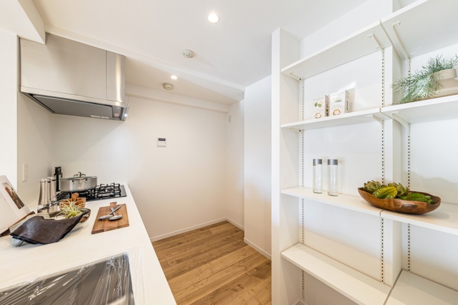 背面には可動式収納を豊富に設けました。キッチンラックを置かずともキッチンツールやストックなどを収納いただける使い勝手の良さを兼ね備えました。