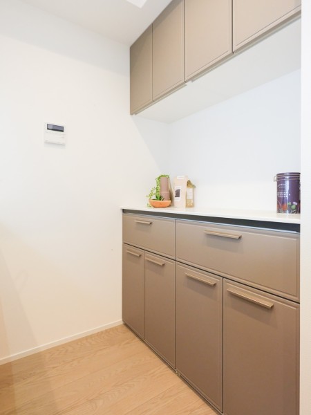 キッチン背面には家電や食器の収納に便利なカップボードが備わっています。