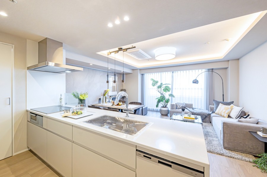 田中工藝製のオリジナルシステムキッチンは、細部にまでこだわりを施しました。食洗機はノック開閉式でスタイリッシュなデザイン性と実用性に重きを置いています。