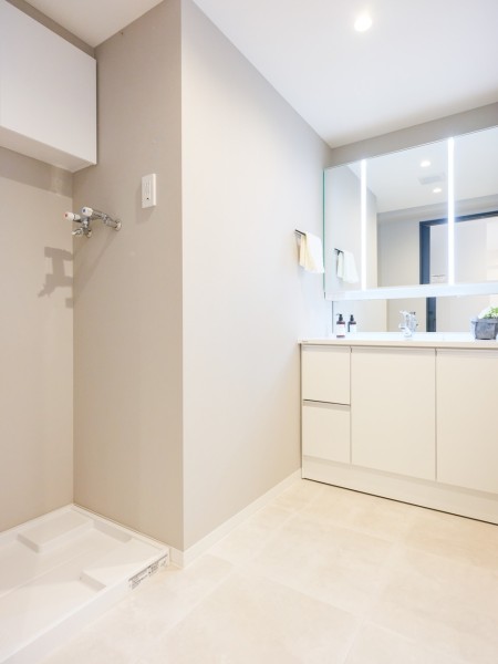 空間に美しく溶け込むスタイリッシュなデザインの洗面化粧台は、収納豊富な三面鏡タイプ。水回りのクロスはシックなグレーを採用しました。