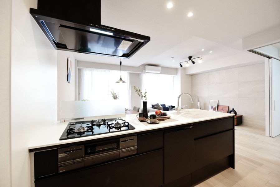 対面式のオープンキッチンはソリッドブラックを採用し、空間を引き締めています。食器洗浄乾燥機も完備していますので、毎日の家事も時短に繋がり、効率良く家事を行えます。