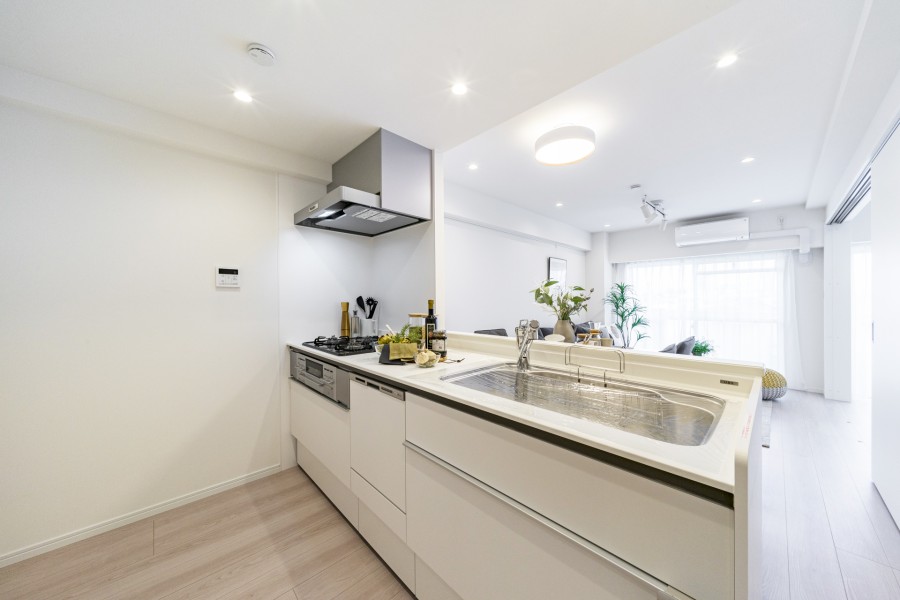 LIXIL製システムキッチン(食器洗浄乾燥機付)を新規設置しました。スライド式収納は奥のものも見やすく収納でき、出し入れのしやすさが魅力です。