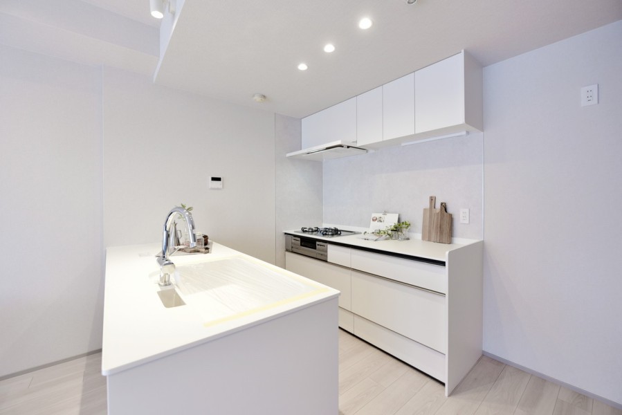 Ⅱ型の対面式オープンキッチンです。ゆったりとした開放的な空間で調理ができます。吊戸棚やキャビネットもたっぷりついていますので、食器類や調理家電の収納などに便利です。