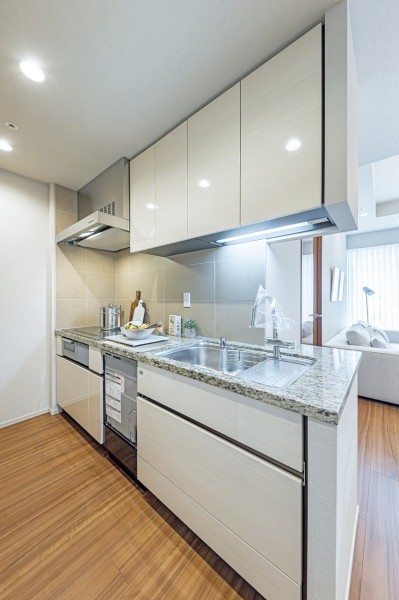 お料理に集中できる壁付けタイプのシステムキッチンです。豊富な収納、家事時短に便利な食洗器を搭載しています。