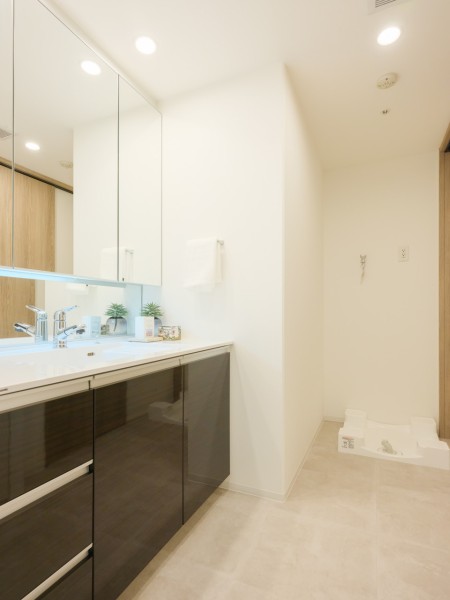 身支度の時間をも快適に彩る、美しく空間に溶け込む洗面化粧台です。三面鏡裏や足元の収納など使いやすさも兼ね備えています。