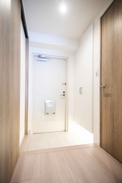 フットライトと人感センサーライトを設置した玄関です。暗い時間帯のご帰宅や両手が塞がっているときも快適です。