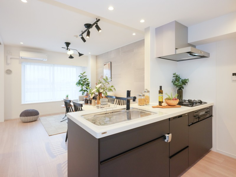 お部屋の雰囲気に溶け込む、インテリアの一部のようなオープンシステムキッチンです。コンロ前のみ壁付け、食器洗浄乾燥機を搭載し、機能性を兼ね備えた仕上がりです。