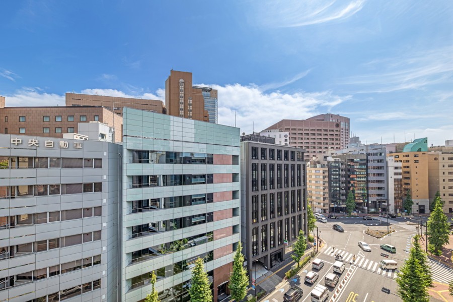 9階部分の南向きのお部屋からは大きな空を感じられる爽快な眺めが広がります。都会でありながらも、広々とした青空の鮮やかなコントラストが楽しめる、のびのびとした景色が広がります。