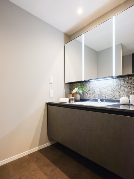 身支度の時間をも快適に彩る、美しく空間に溶け込む洗面化粧台です。三面鏡裏や足元の収納など使いやすさも兼ね備えています。