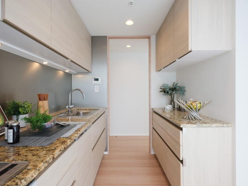 キッチン背面側にはお揃いの収納豊富なカップボードがあります。カウンター部分は作業スペースとしてもお使いいただけます。