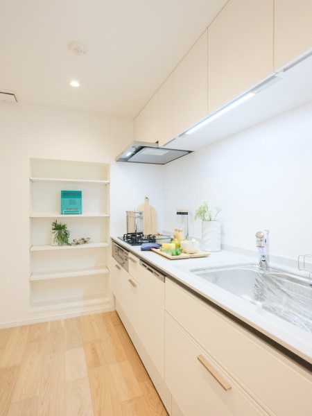 お料理に集中できる壁付けタイプのシステムキッチンです。油や水はね汚れもお手入れラクラク♪家事時短に便利な食洗器を搭載。快適な動線を確保した収納棚が備わっています。