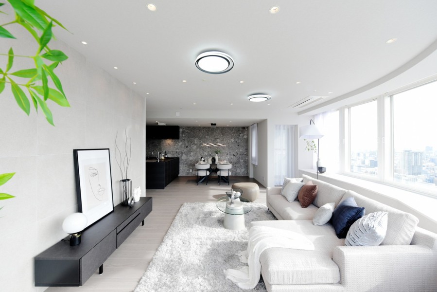 壁には主張しすぎない色と表情が魅力的なセラミックタイルを貼り、エレガントな空間を演出しています。ゆったり約30.5帖の空間があり、家族に安らぎを与えてくれます。