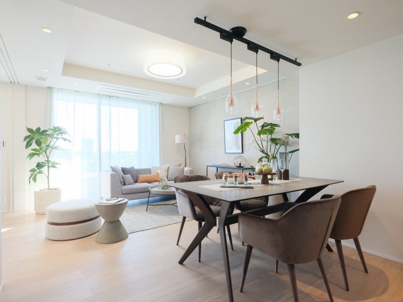 天井は折り上げ天井になっており、お部屋の開放感を演出し、都市生活のやすらぎを深める快適な暮らしが叶う住まいです。お部屋からは浜離宮の眺望をお楽しみいただけます。