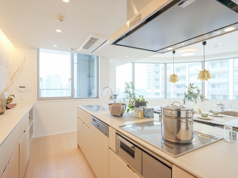 存在感を放つオープンキッチンは、デザイン性と機能性を兼ね備えた田中工藝製のオリジナルキッチンを採用しました。インテリアの一部のようでお部屋の雰囲気に溶け込みます