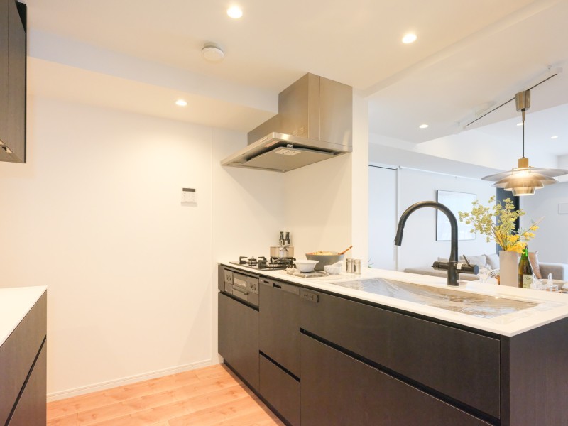 デザイン性の高い田中工藝製オリジナルキッチンを新規設置しています。コンロ前のみ壁付けタイプの為、油跳ねなどのお手入れらくらく♪家事時短に便利な食洗器を搭載しています。