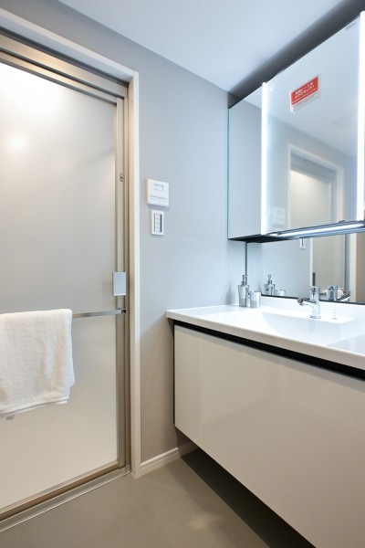 身支度の時間をも快適に彩る、美しく空間に溶け込む洗面化粧台です。ボウル横にスペースがあるので、メイクやヘアセットにも便利にお使いいただけます。