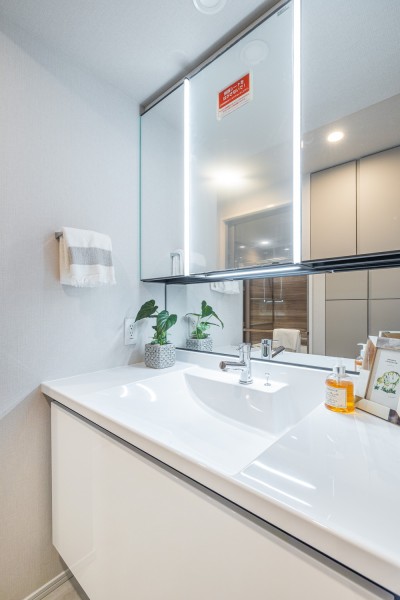 身支度の時間をも快適に彩る、美しく空間に溶け込む洗面化粧台です。三面鏡裏や足元の収納など使いやすさも兼ね備えています。