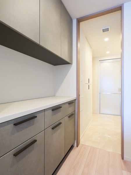 キッチン背面にはカップボードが備わっており、保存食品やカトラリーをしっかりと収納可能。調理家電の配置スペースとしても活躍してくれそうですね。洗面室へと続く扉からはスムーズなアクセスが叶います。
