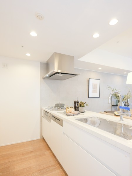 田中工藝製のオリジナルキッチンは、住まいに調和するデザイン性と機能性を兼ね備えています。食器洗い機には、高性能で人気のMiele（ミーレ）製を採用しました。