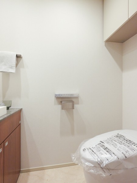 レストルームにはスマートなタンクレストイレを新規設置しております。上部吊戸棚収納や手洗いカウンターを備え付けており、掃除用品やストック収納、来客中の手を洗うまでの動線もスムーズにかなう設計です。