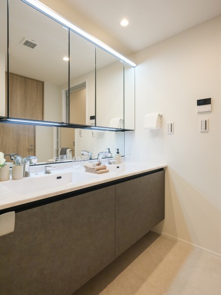 シックなカラーの洗面化粧台はホテルライクな2ボウルで、出発前の慌ただしい時間を快適に過ごすことができます。ゆとりのある広さのため身支度が捗ります。三面鏡裏と足元に収納棚がありお好みで収納ができます。