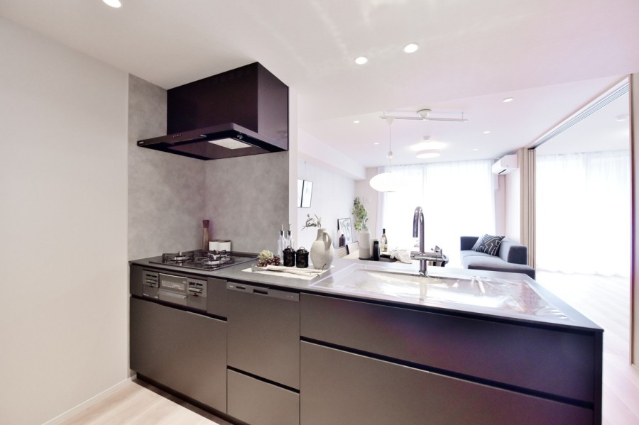 このお部屋のために設えた田中工藝製システムキッチンです。お部屋の雰囲気に合ったキッチンはインテリアのように空間を彩ります。食器洗浄乾燥機、ガラストップコンロ完備です。