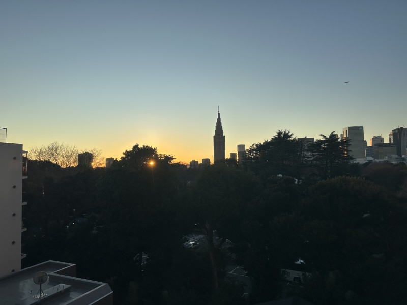 黄昏に染まる都心のスカイライン。シルエットとなって浮かび上がるビル群が、都心における静寂を感じさせる洗練された景色を作り出します。