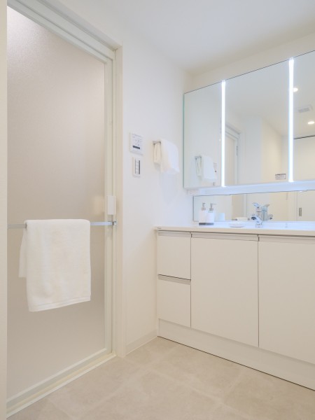 身支度の時間をも快適に彩る、美しく空間に溶け込む洗面化粧台です。身だしなみチェックや鏡裏の収納が便利な三面鏡になっています。