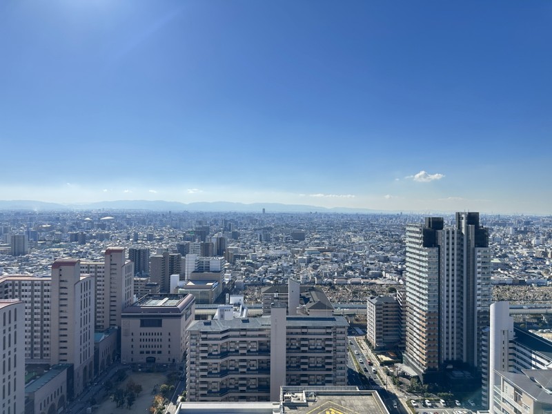 31階部分、南側の眺望です。前面を遮る建物はなく、遠くまで見渡せる爽快な眺めが広がります。時間と共に変化していく大きな空と街並みを眺めながら大きく伸びをしたくなるような眺めです。