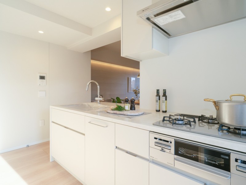 田中工藝製システムキッチンを採用しました。白を基調としたデザインが、住空間を明るく柔らかく、洗練された印象で彩ります。