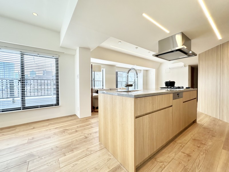 インテリアの一部かのようなキッチンには、時短に役立つ食器洗い機を完備しています。キッチン上にもライン照明を設置しました。