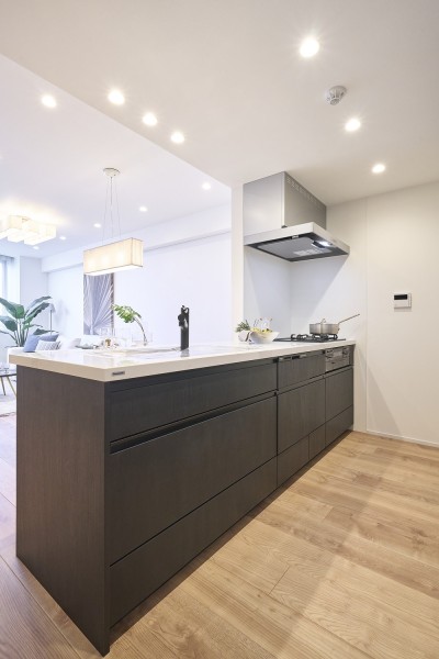 お部屋の雰囲気に溶け込む、インテリアの一部のようなオープンキッチンです。コンロ前は仕切りがあるので、油ハネ等の心配もありません。