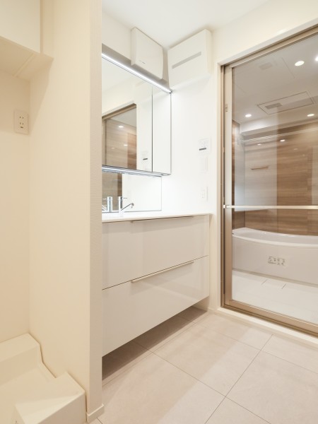 空間に美しく溶け込むスタイリッシュなデザインの洗面化粧台は、収納豊富な三面鏡タイプ。ミドルミラー付きのため、背の低いお子様も鏡を見ながら歯磨き等の動作が可能です。