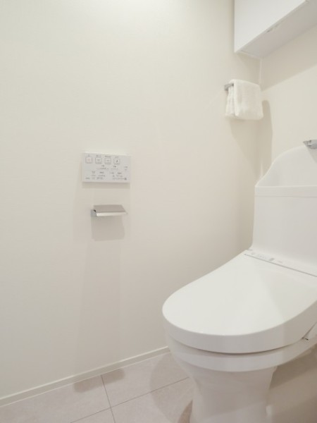 温水洗浄機能付きのトイレです。すっきりとしたデザインでまとめられ、壁面には操作パネルやペーパーホルダーを配置しています。