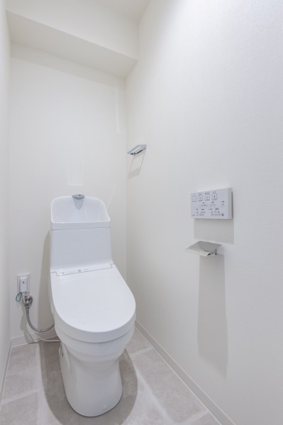 お掃除の手間を減らしてくれる機能が充実したトイレです。タオルハンガーやペーパーホルダーはシルバーに統一し、シンプルな空間の中にスタイリッシュなデザイン性も兼ね備えました。