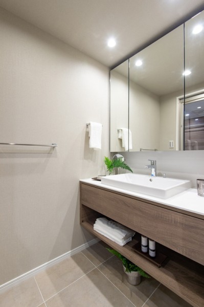 洗面室には大きな3面鏡付き洗面化粧台を設置し、デザイン性の高いラグジュアリーな空間となっています。