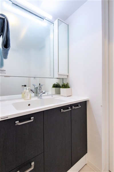 お部屋の内装と統一感のあるデザインの洗面化粧台です。ミドルミラー付きなので背の低いお子様も鏡を見ながら歯磨きができます。