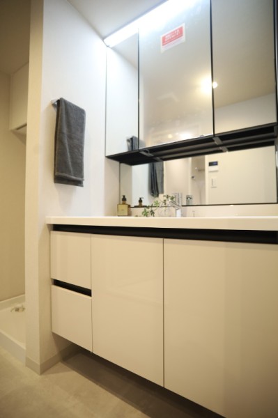 洗面室は2WAYとなっており、機能的な動線が魅力的です。洗面台は三面鏡裏もすべて収納になっており、細かなものもたくさん収納できますので、すっきりとした空間を保てます。