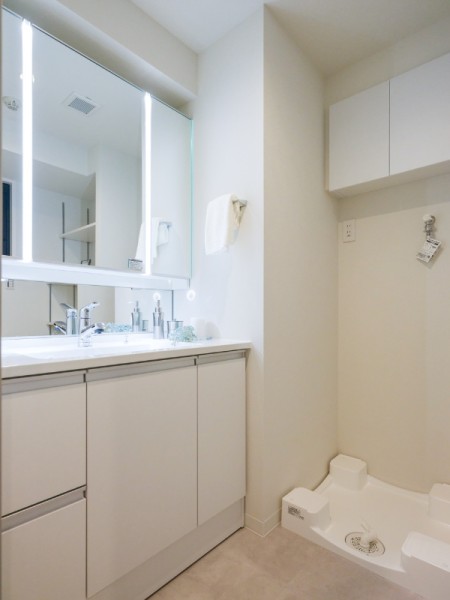 清潔感が溢れ、空間に美しく溶け込む洗面化粧台は、収納豊富で実用性のある三面鏡の化粧台です。